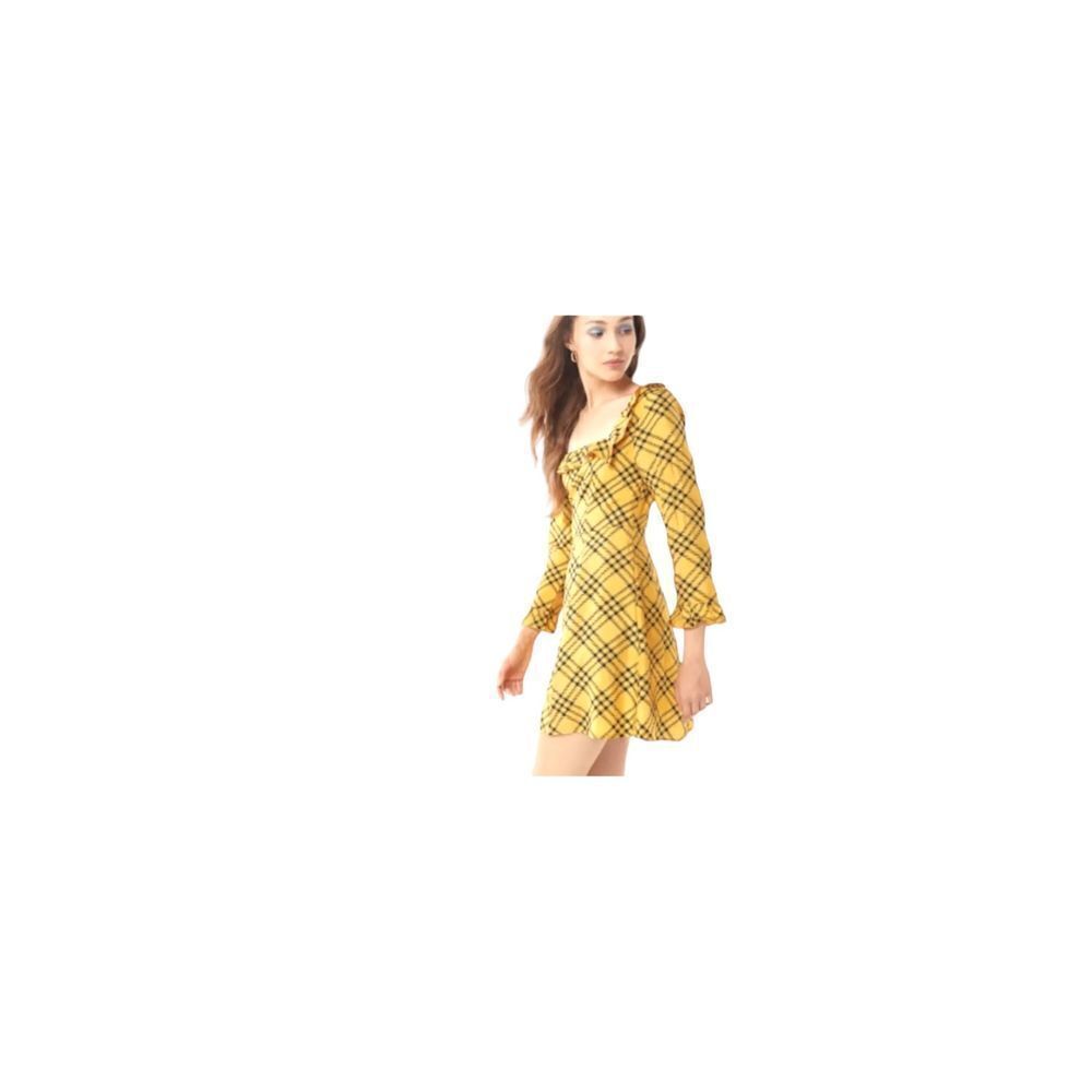 Urban Outfitters Womens Yellow Plaid Dark Academia Ruffle Neck Dress Sz M